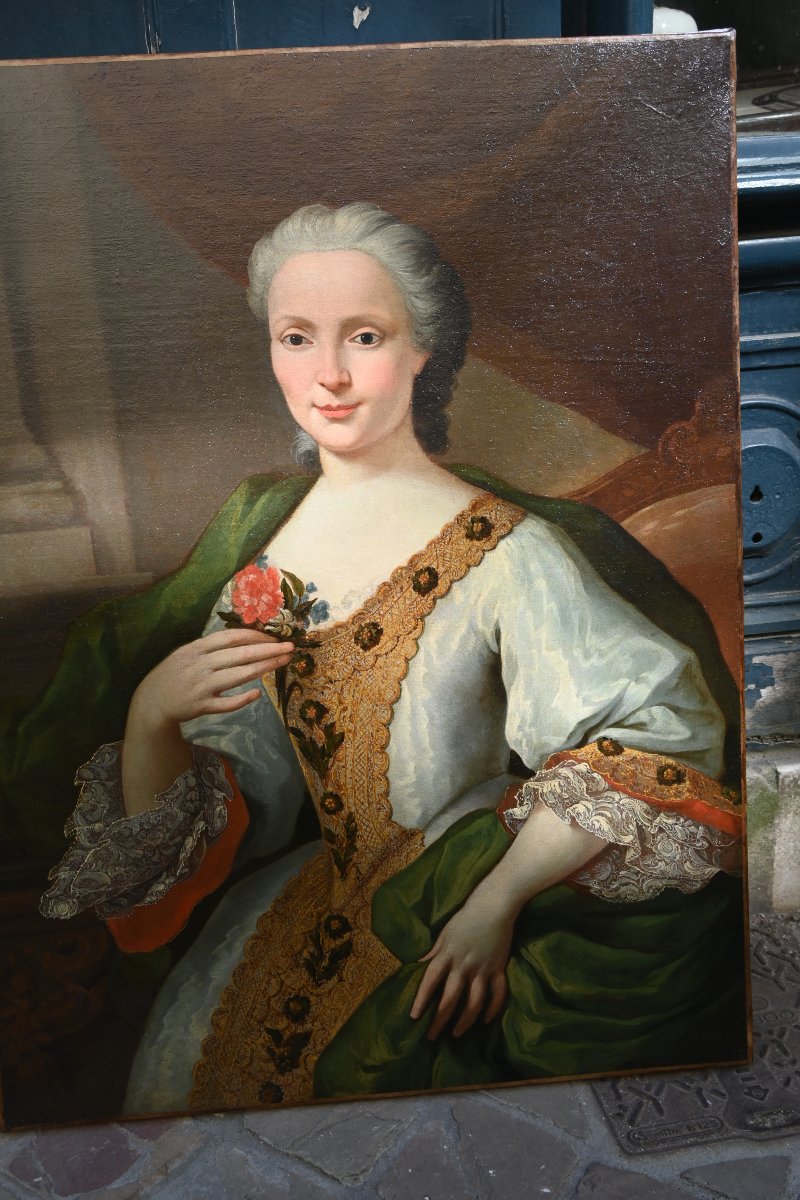 Portrait d une élégante au manteau vert , Robert le Vrac de Tournieres , école XVIII-photo-2