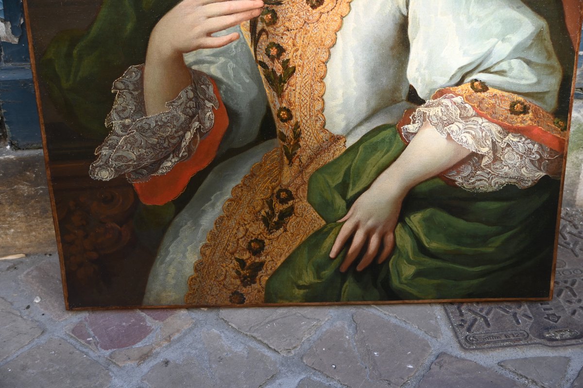 Portrait d une élégante au manteau vert , Robert le Vrac de Tournieres , école XVIII-photo-4