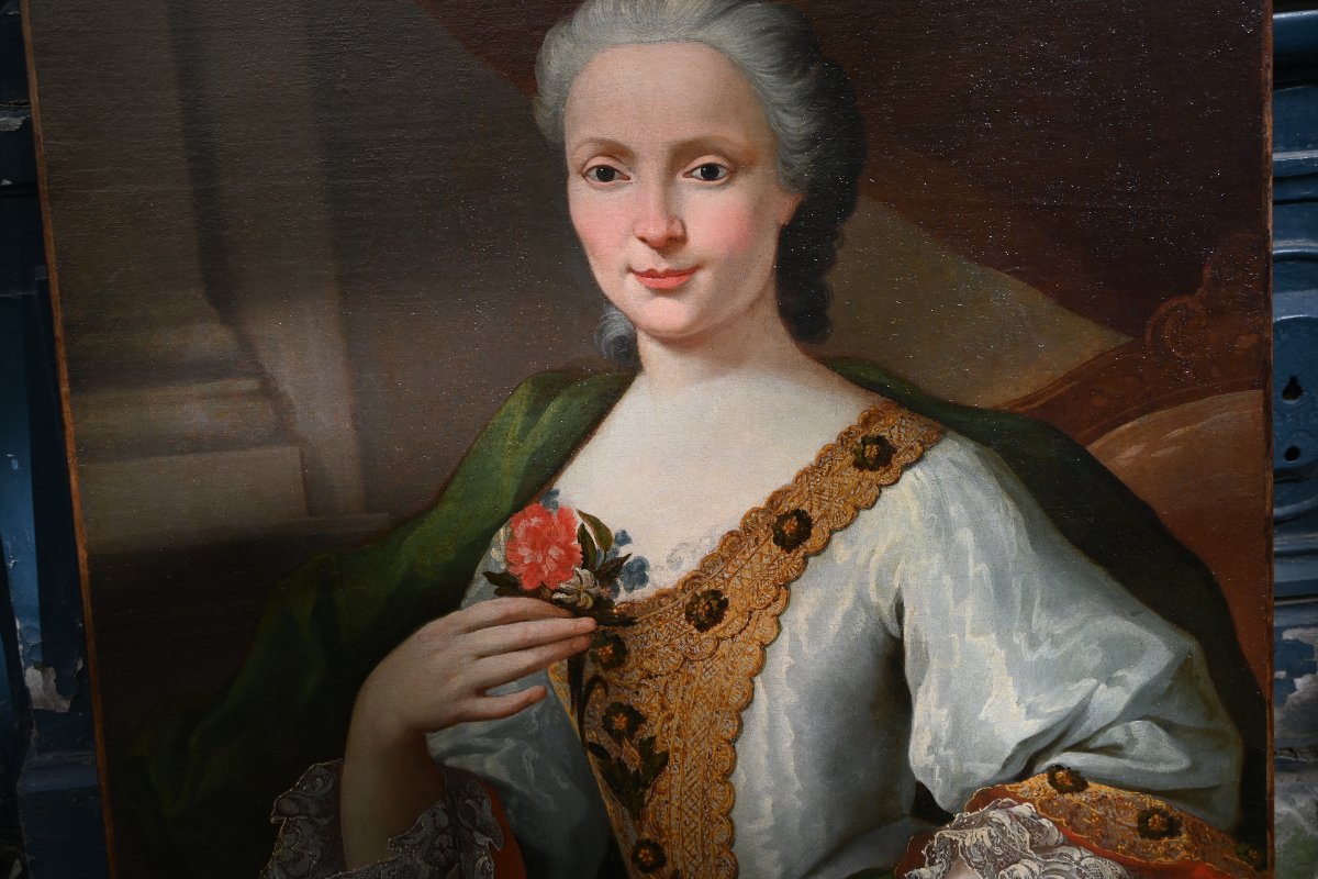 Portrait d une élégante au manteau vert , Robert le Vrac de Tournieres , école XVIII-photo-1