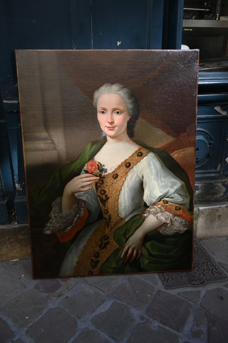 Portrait d une élégante au manteau vert , Robert le Vrac de Tournieres , école XVIII-photo-3