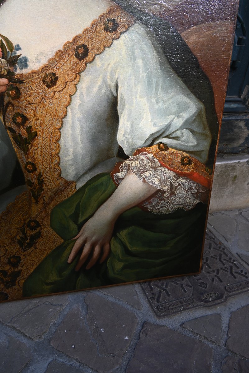 Portrait d une élégante au manteau vert , Robert le Vrac de Tournieres , école XVIII-photo-5