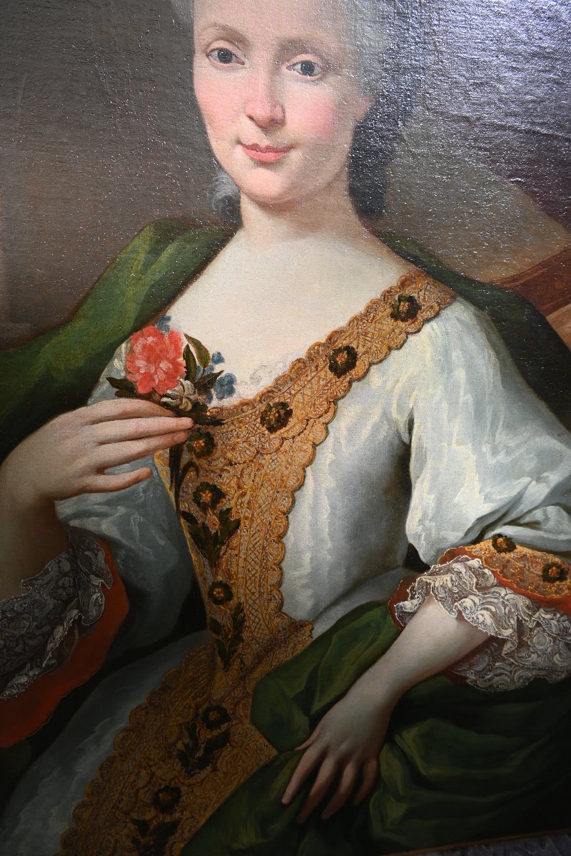 Portrait d une élégante au manteau vert , Robert le Vrac de Tournieres , école XVIII-photo-6