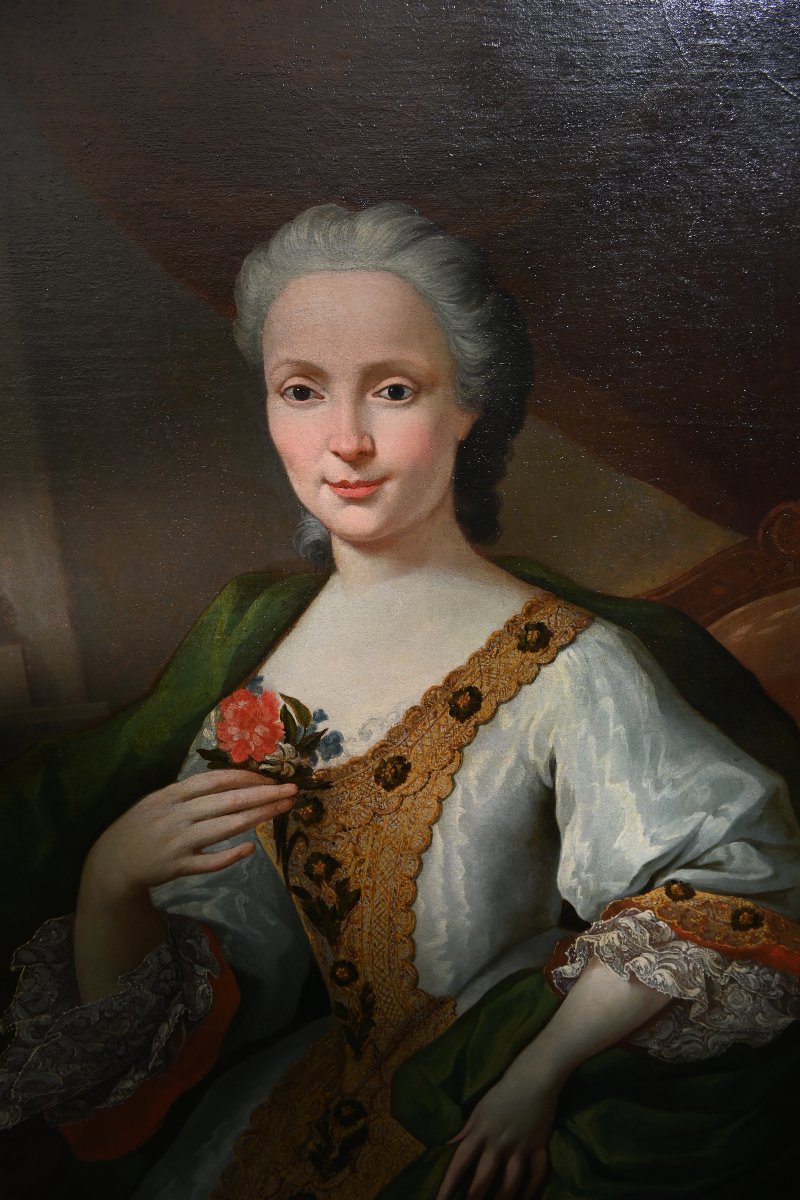 Portrait d une élégante au manteau vert , Robert le Vrac de Tournieres , école XVIII-photo-7