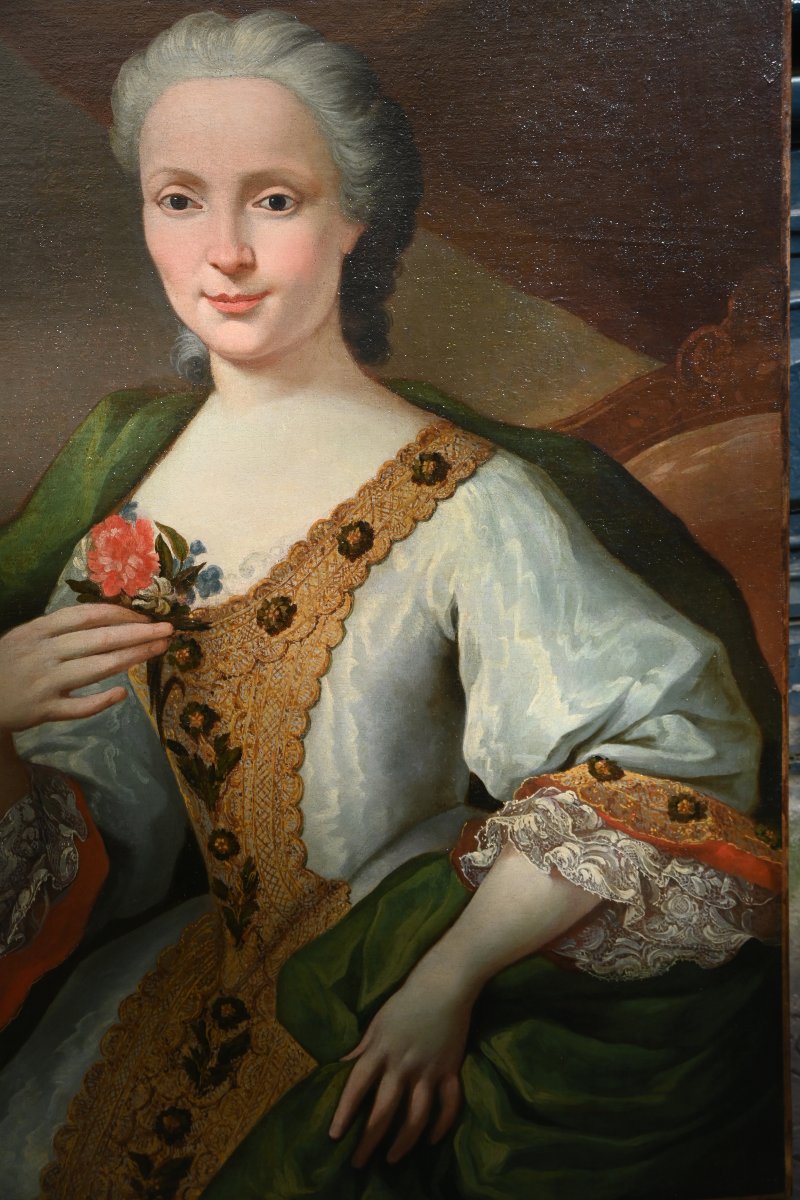 Portrait d une élégante au manteau vert , Robert le Vrac de Tournieres , école XVIII