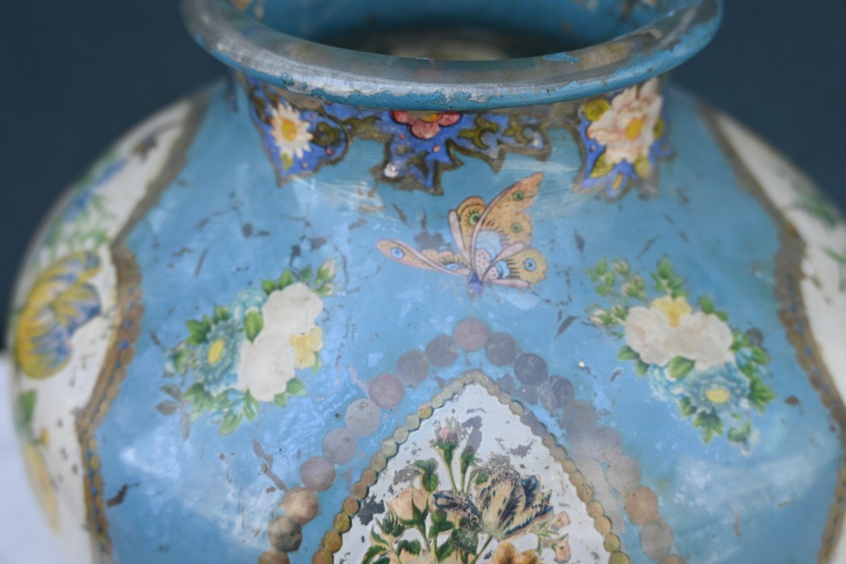 Vase boule sur pied en verre églomisé du XIX-photo-3