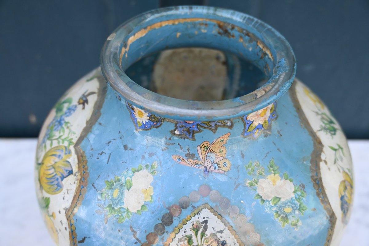 Vase boule sur pied en verre églomisé du XIX-photo-1