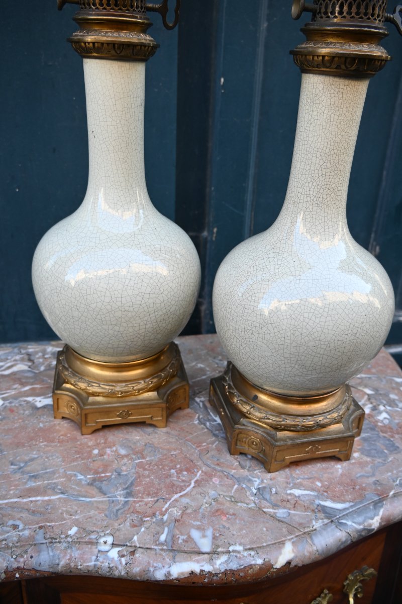 Paire de lampes en grès  émaillé céladon craquelé  Napoléon III-photo-4