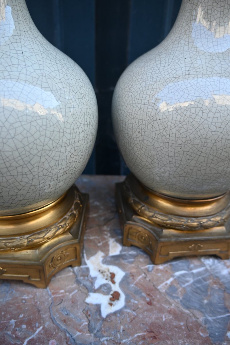 Paire de lampes en grès  émaillé céladon craquelé  Napoléon III-photo-1