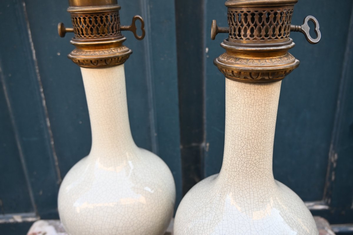 Paire de lampes en grès  émaillé céladon craquelé  Napoléon III-photo-2