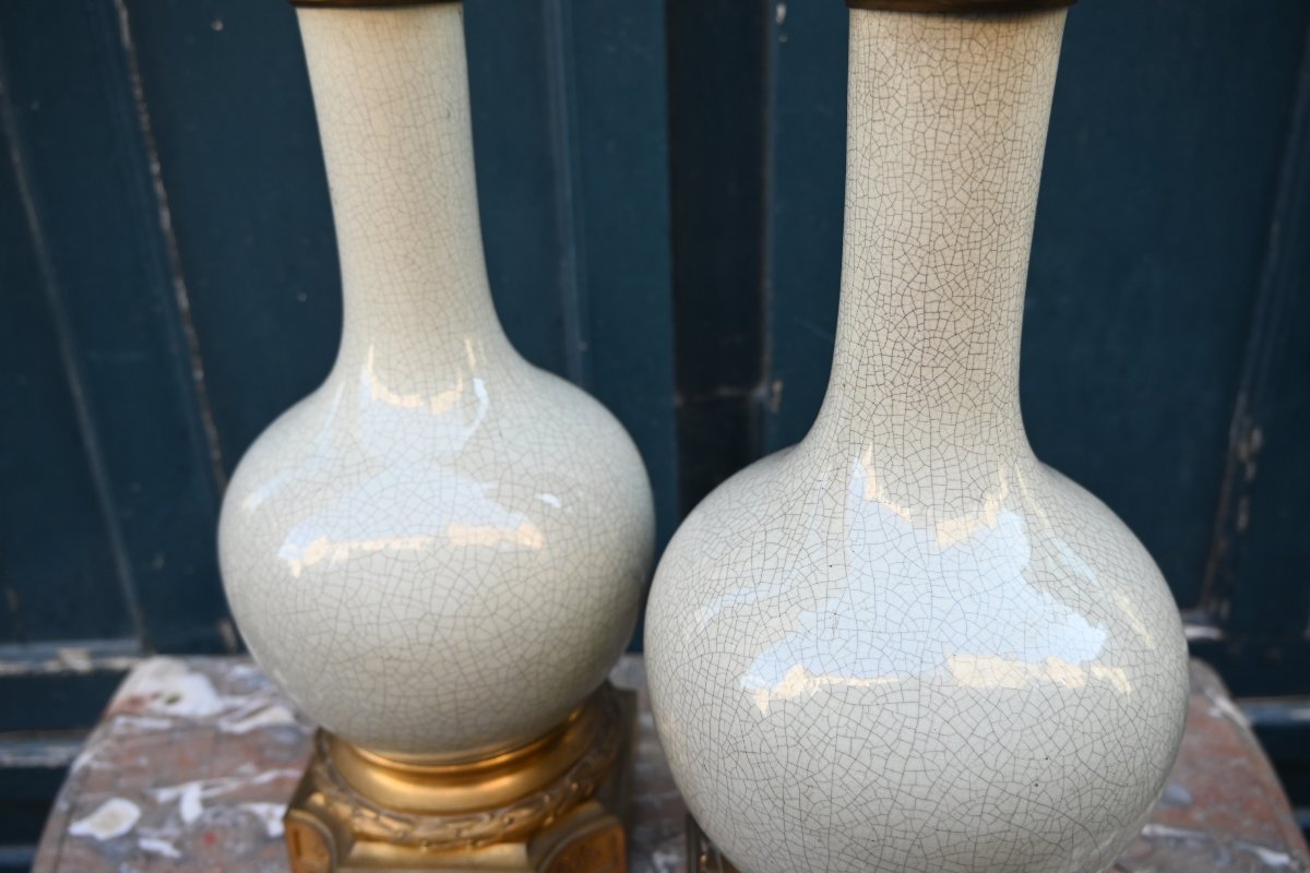 Paire de lampes en grès  émaillé céladon craquelé  Napoléon III-photo-3