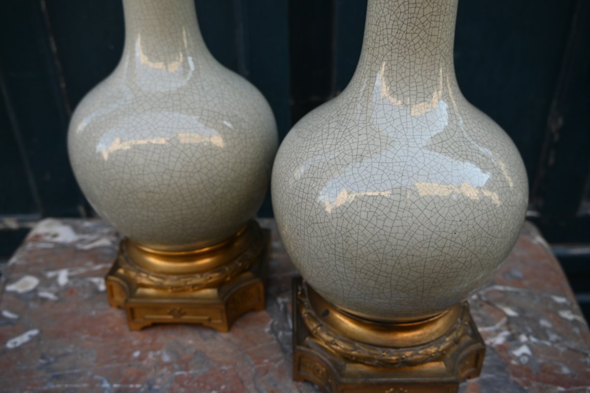 Paire de lampes en grès  émaillé céladon craquelé  Napoléon III-photo-4