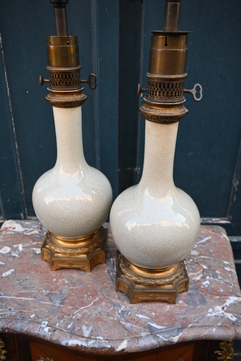Paire de lampes en grès  émaillé céladon craquelé  Napoléon III-photo-5