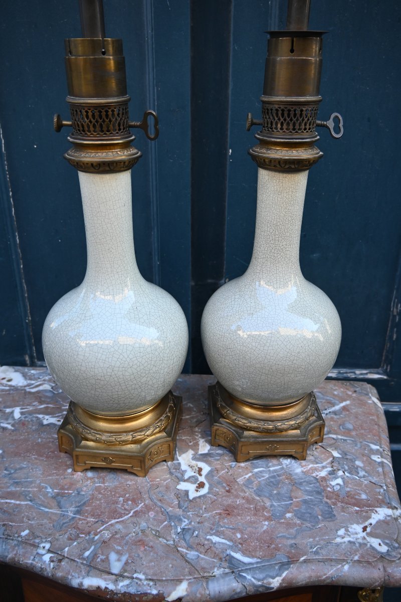 Paire de lampes en grès  émaillé céladon craquelé  Napoléon III-photo-6