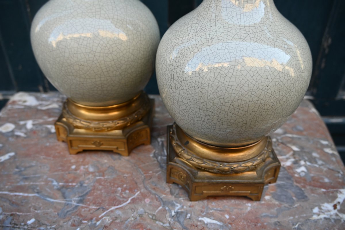 Paire de lampes en grès  émaillé céladon craquelé  Napoléon III-photo-7