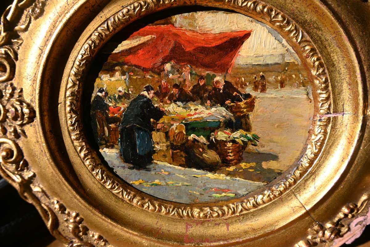 Lucien Simon, The Market In Morlaix, Oil On Cardboard-photo-2