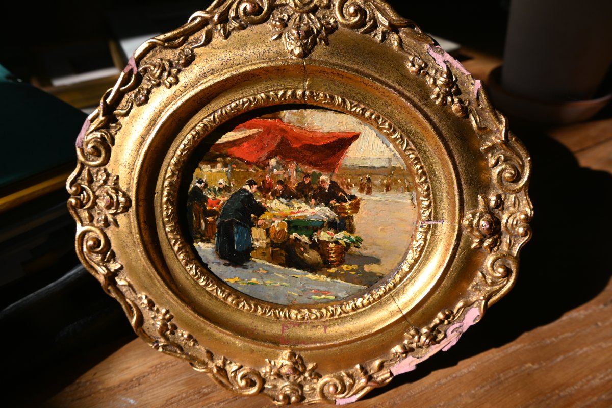 Lucien Simon, The Market In Morlaix, Oil On Cardboard-photo-4