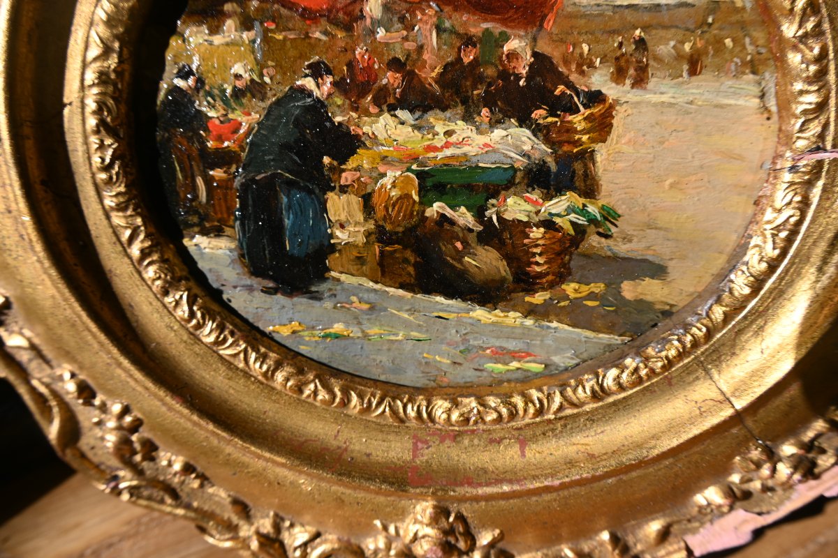 Lucien Simon, The Market In Morlaix, Oil On Cardboard-photo-1