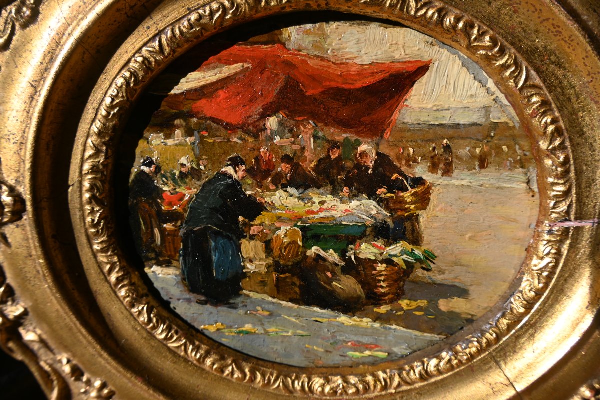Lucien Simon, The Market In Morlaix, Oil On Cardboard-photo-2