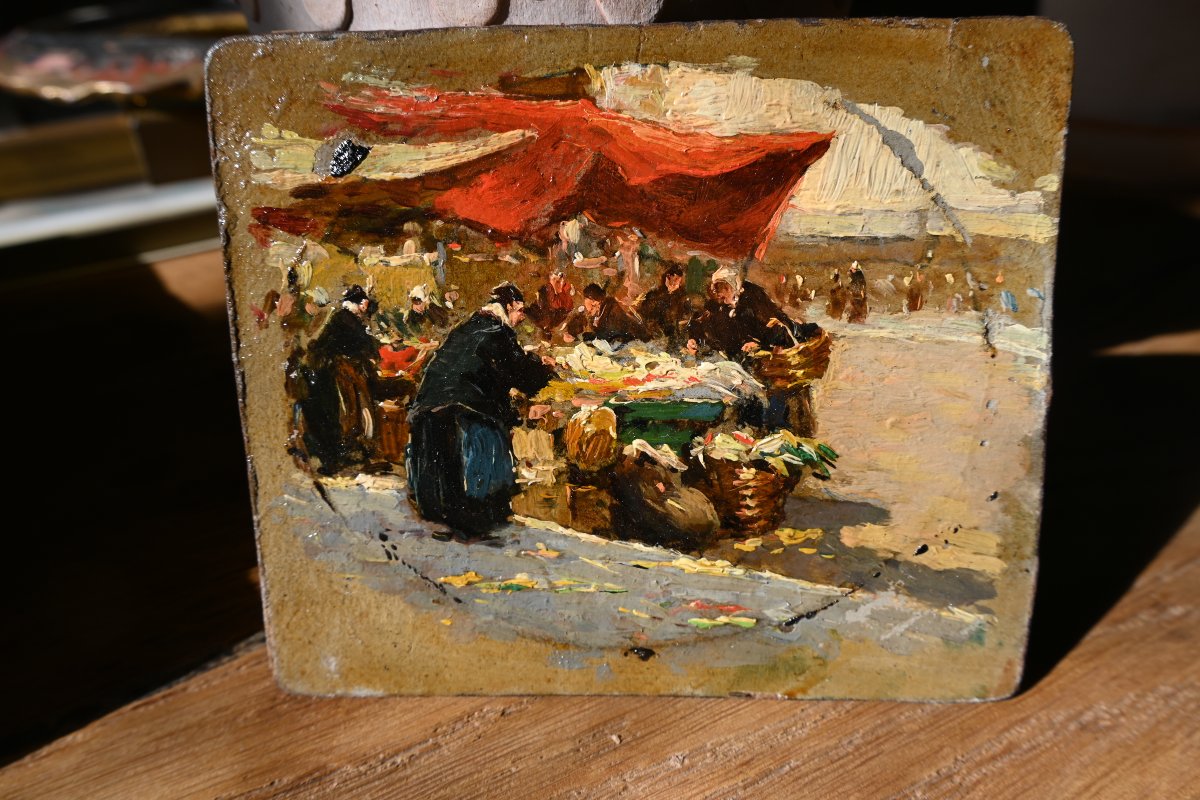 Lucien Simon, The Market In Morlaix, Oil On Cardboard-photo-4