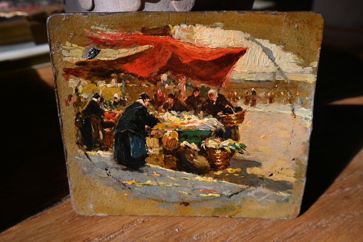 Lucien Simon, The Market In Morlaix, Oil On Cardboard-photo-5