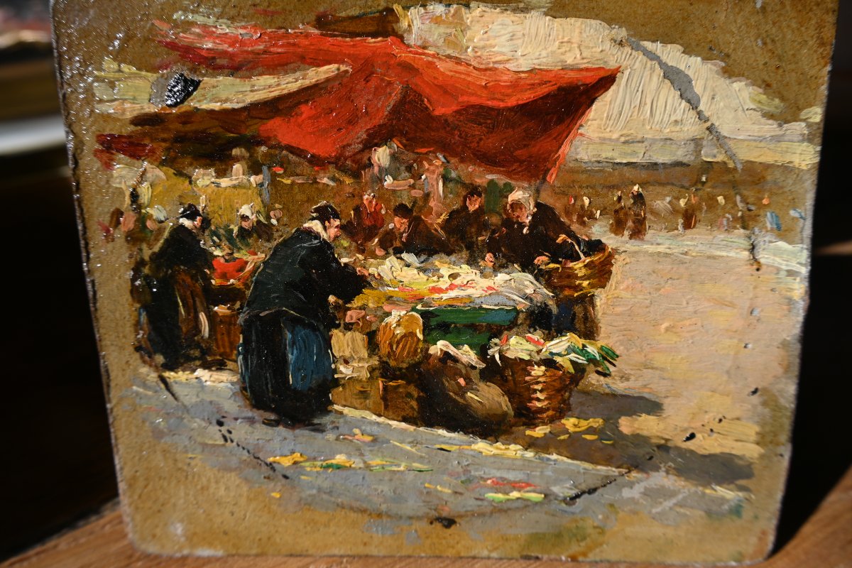 Lucien Simon, The Market In Morlaix, Oil On Cardboard-photo-6