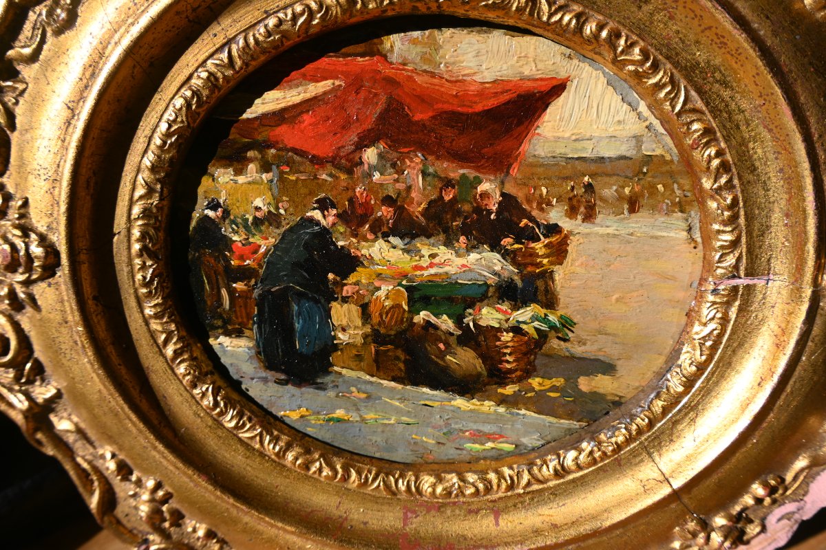 Lucien Simon, The Market In Morlaix, Oil On Cardboard