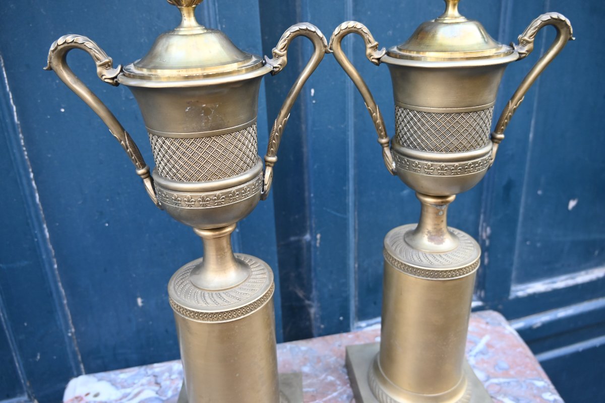 Paire de grandes cassolettes en bronze de style Empire-photo-2