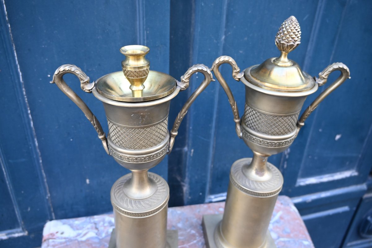 Paire de grandes cassolettes en bronze de style Empire-photo-2