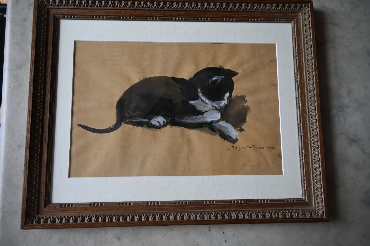 Cat, A Charming Gouache Signed By Pageot Rousseau-photo-2