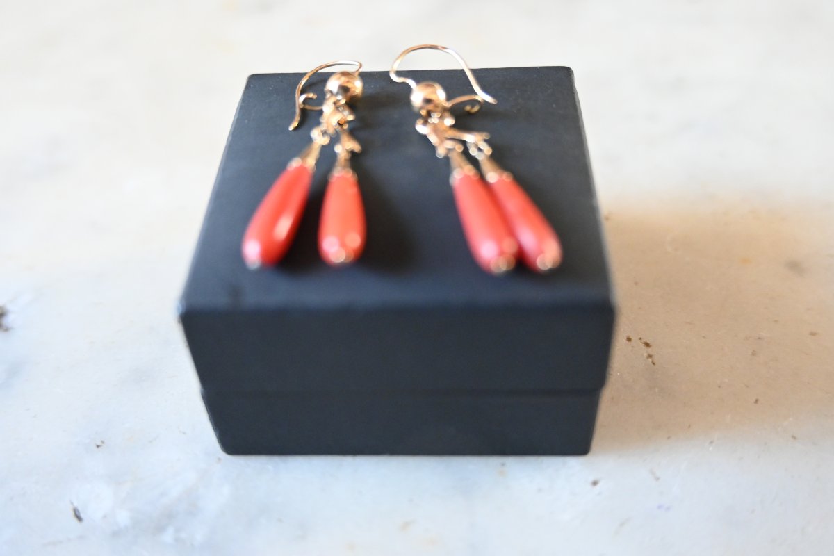 Pair Of Coral And Yellow Gold Earrings-photo-2