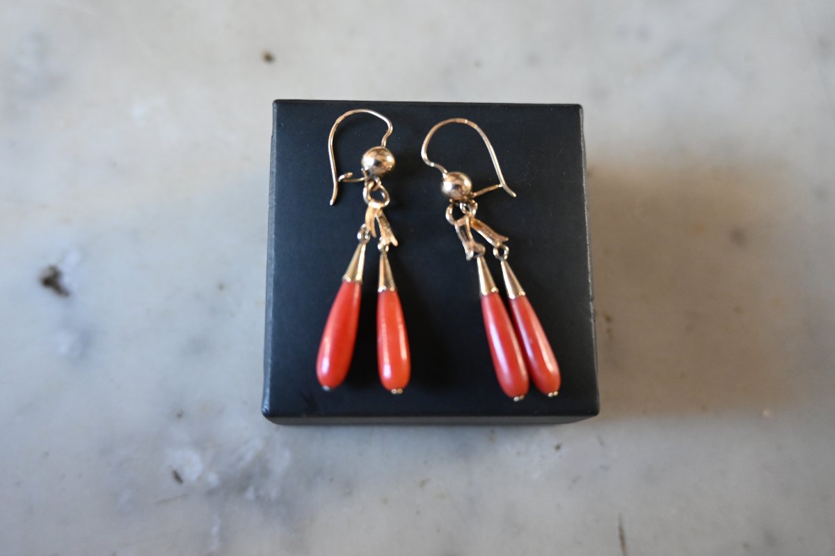 Pair Of Coral And Yellow Gold Earrings-photo-3