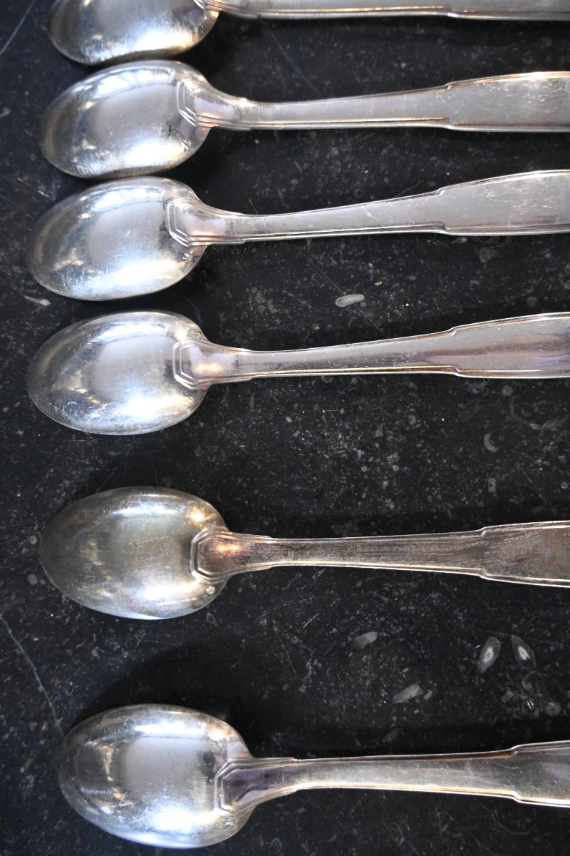  Art Deco, 12-piece Dessert Set In Silver By Silversmith Boulenger-photo-4