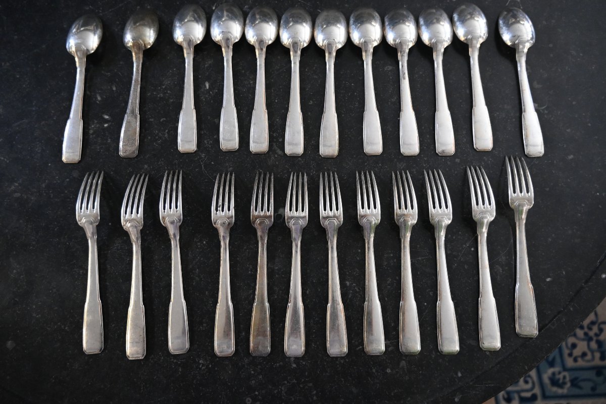  Art Deco, 12-piece Dessert Set In Silver By Silversmith Boulenger-photo-1