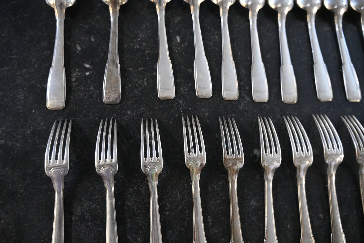  Art Deco, 12-piece Dessert Set In Silver By Silversmith Boulenger-photo-2