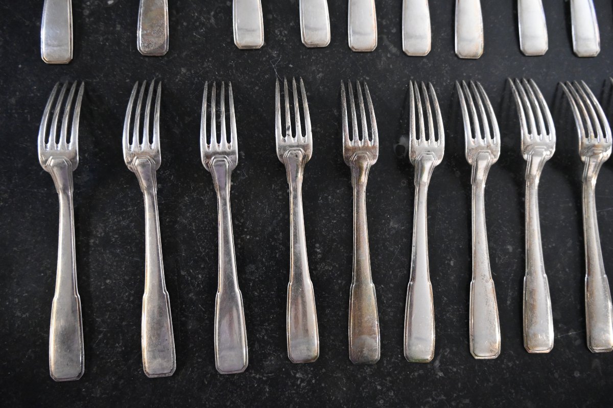  Art Deco, 12-piece Dessert Set In Silver By Silversmith Boulenger-photo-5
