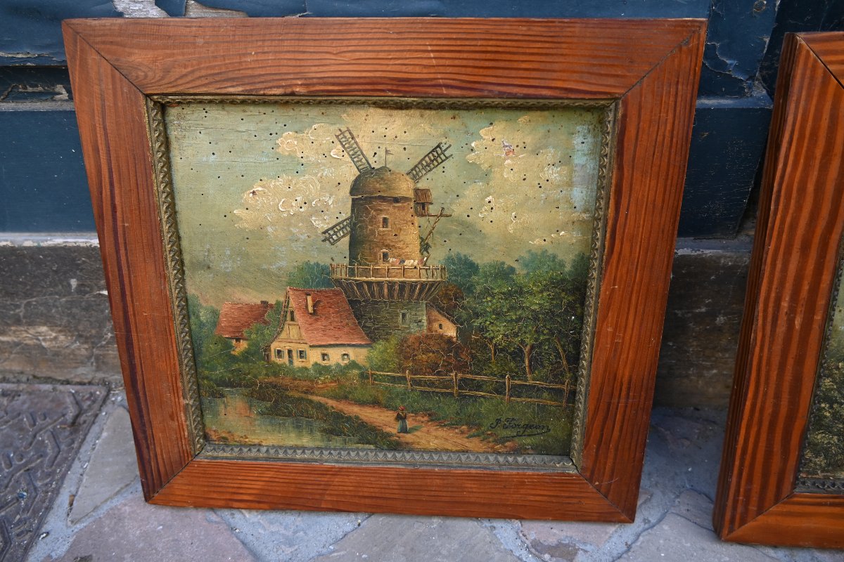 Charmante paire de panneau sur bois : Moulins  , école XIX-photo-4