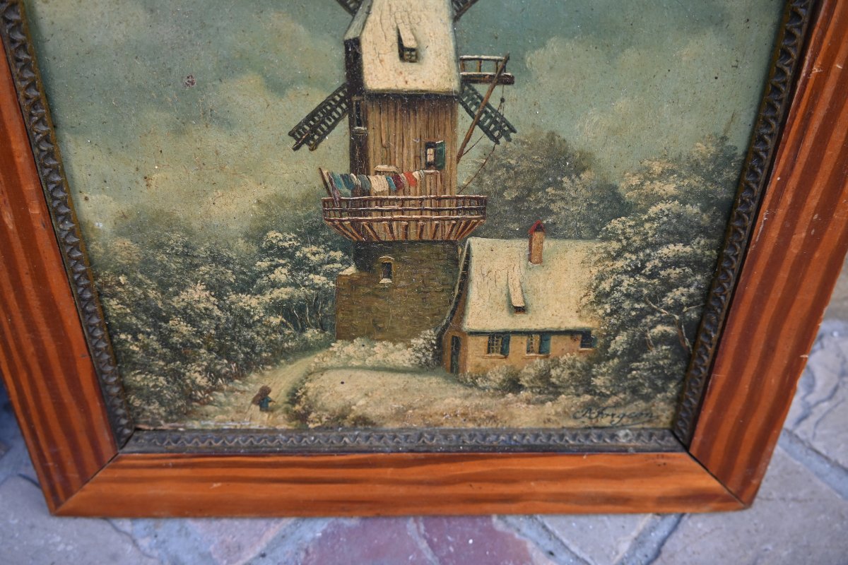 Charmante paire de panneau sur bois : Moulins  , école XIX-photo-1