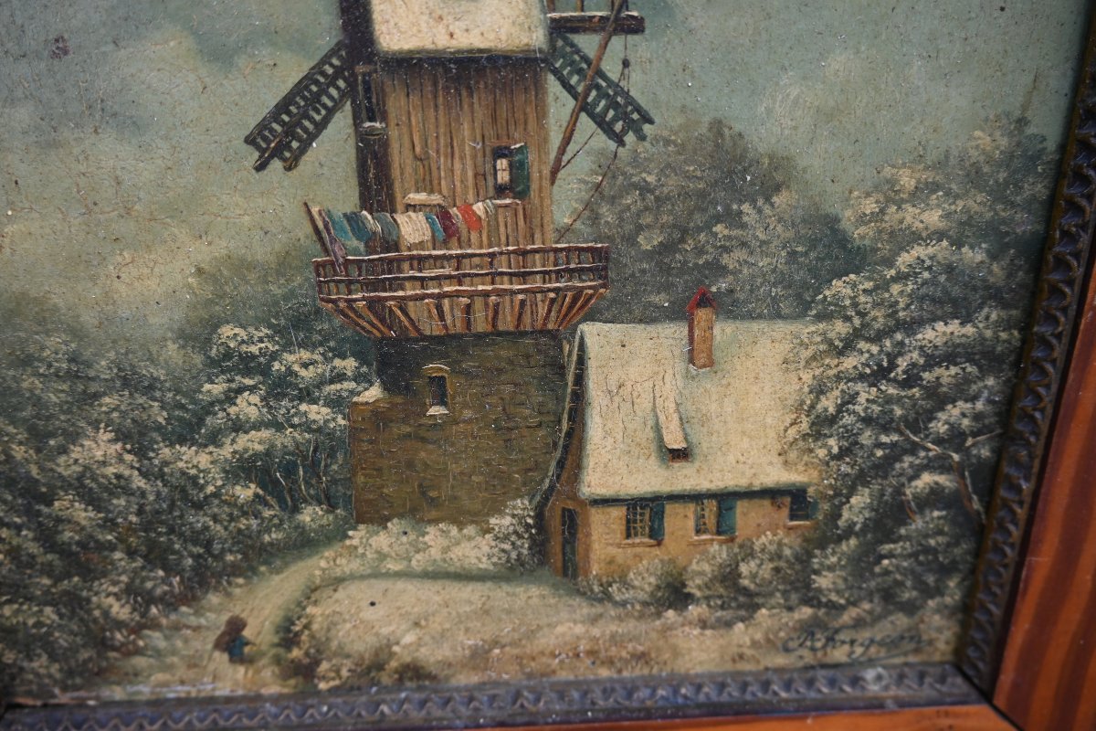 Charmante paire de panneau sur bois : Moulins  , école XIX-photo-3