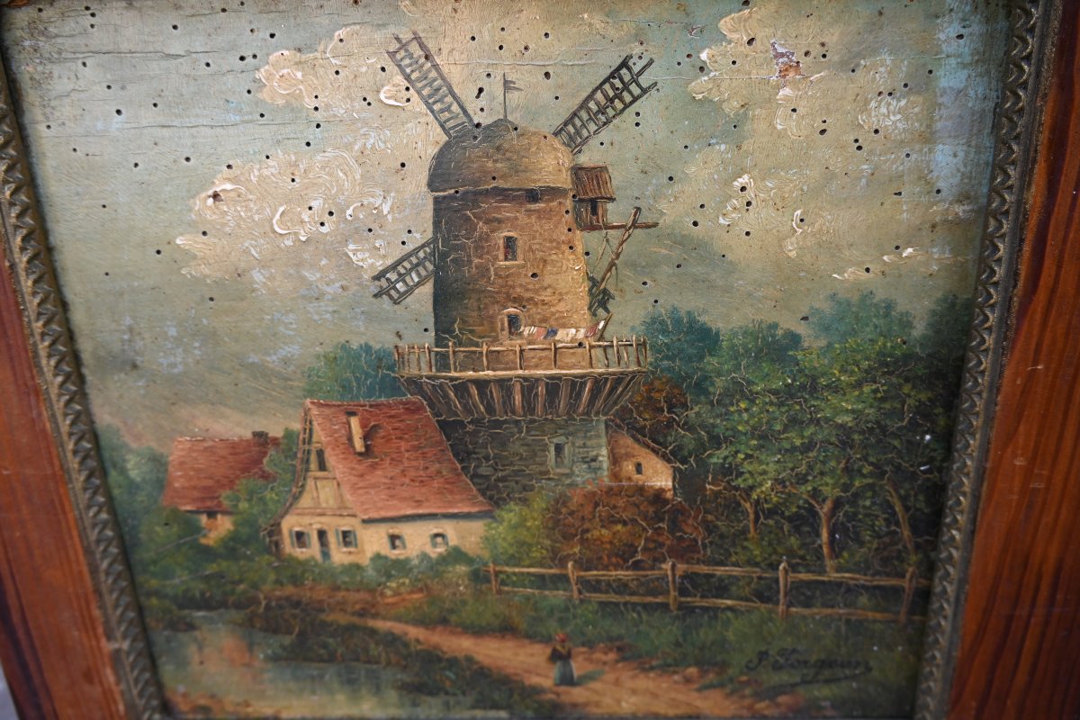 Charmante paire de panneau sur bois : Moulins  , école XIX-photo-5