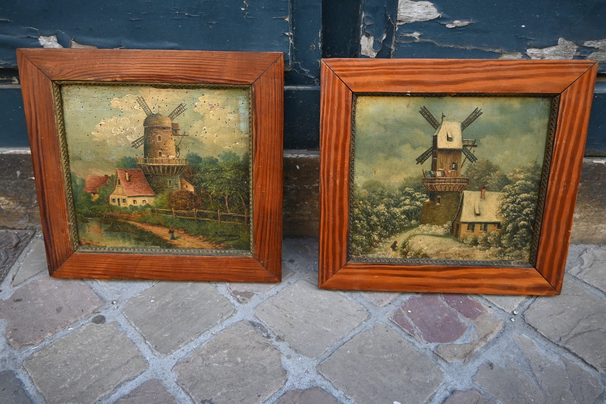 Charmante paire de panneau sur bois : Moulins  , école XIX