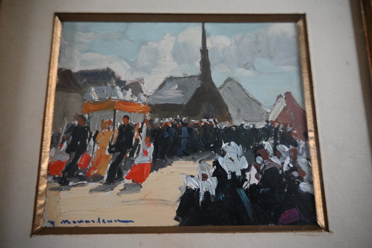Ménardeau, Oil On Cardboard: Procession In Brittany-photo-2
