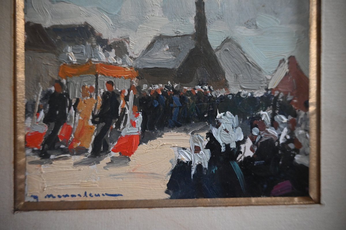 Ménardeau, Oil On Cardboard: Procession In Brittany-photo-3