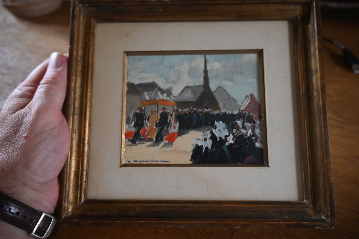 Ménardeau, Oil On Cardboard: Procession In Brittany-photo-4