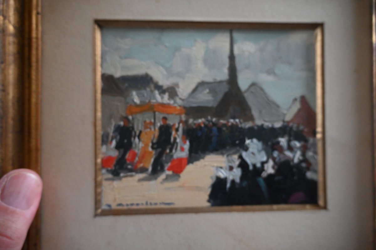 Ménardeau, Oil On Cardboard: Procession In Brittany-photo-5