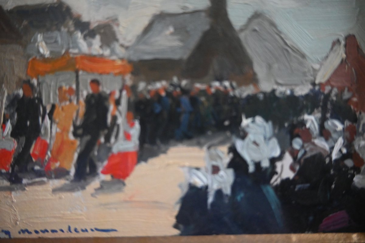 Ménardeau, Oil On Cardboard: Procession In Brittany