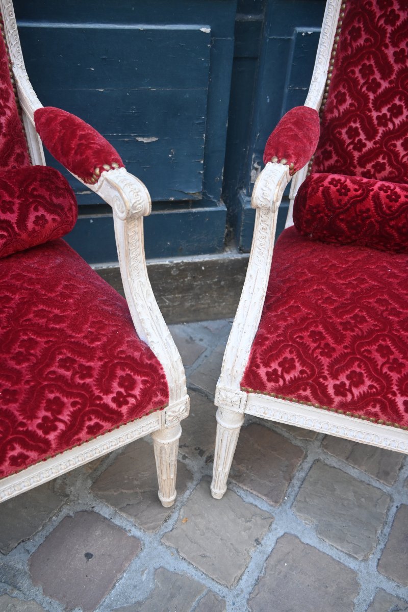 Rare paire de fauteuils coin de feu d époque Louis XVI estampillés de Dupain-photo-2