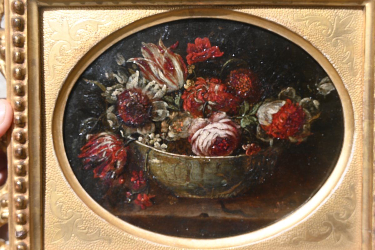 Paire de cuivres fin XVII , bouquets de fleurs Italie -photo-1
