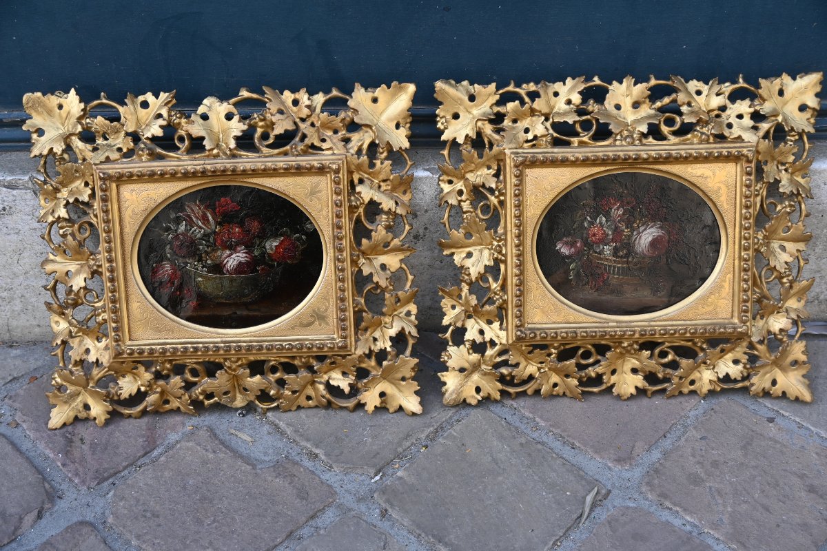 Paire de cuivres fin XVII , bouquets de fleurs Italie 