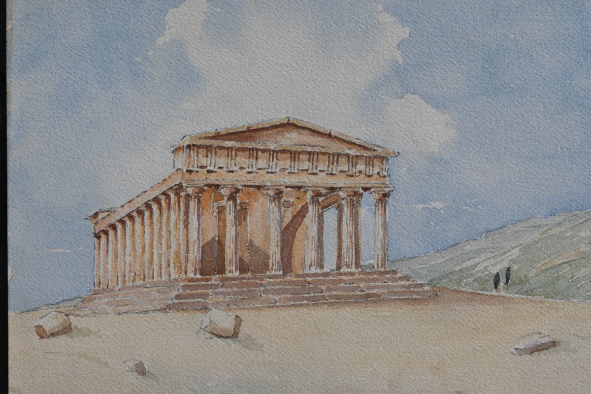 Aquarelles en suite de 10; vues de Temples antiques et monuments d Italie-photo-3
