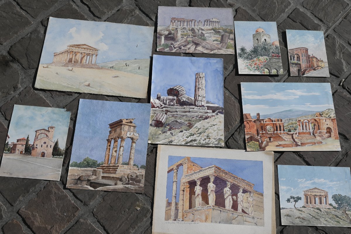 Aquarelles en suite de 10; vues de Temples antiques et monuments d Italie-photo-4